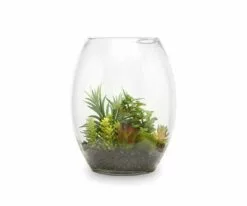 S64 Faux Succulent Variety in Glass Bowl Terrarium